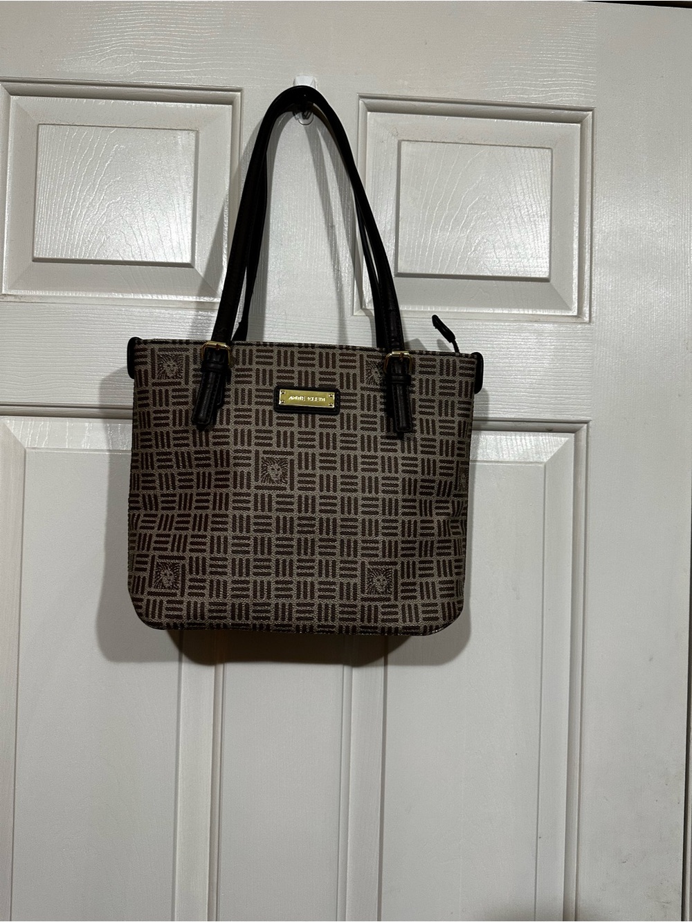 Anne Klein Brown Patterned Shoulder Tote with Black Handles